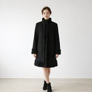 Vintage 80s Albert Nipon Black Faux Fur Trimmed Pea Coat Size Medium Wool